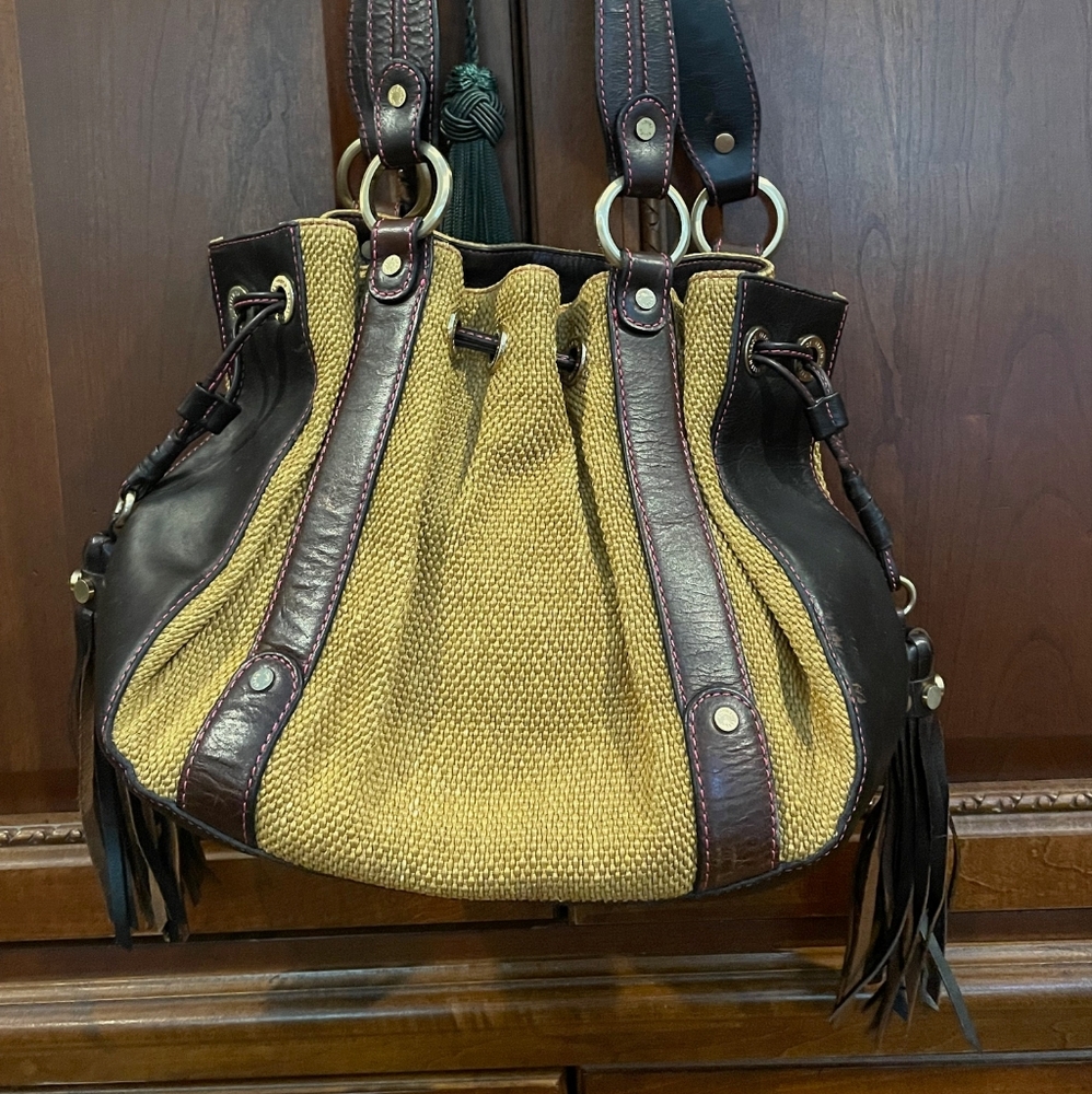Two-Tone Leather and Woven Tote Bag